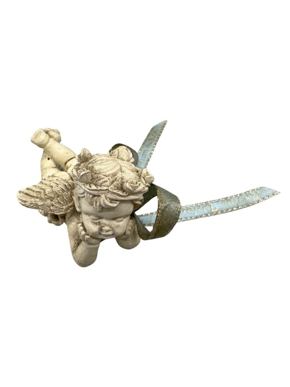 Vintage Cherub Angel Figurine With Blue Ribbon Accents & Floral Details READ